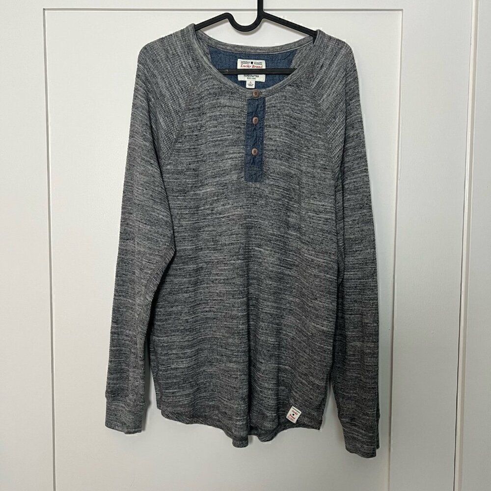 Lucky Brand Mens Polo Shirt Pullover Large Gray 1/4 Button Thermal Henley Cotton